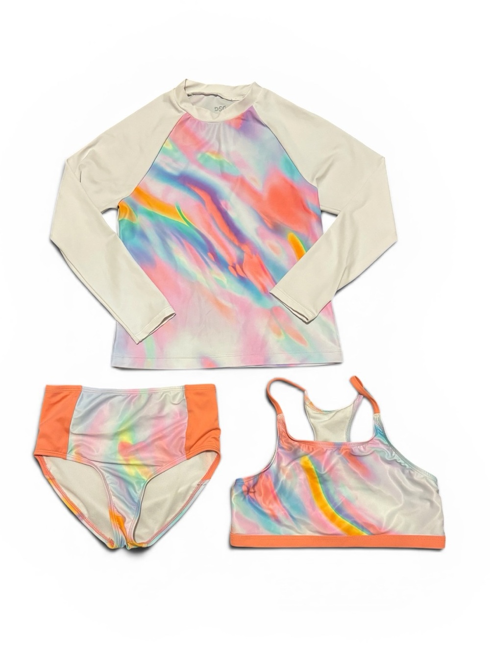 DSG Kids Swim Rashguard 3-Piece Set - White and Rainbow, S/M
